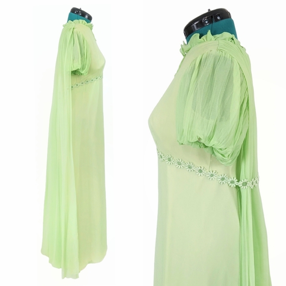 1960s Fairy Cape Dress Flower Power Vintage Prom Formal Romantic ILGWU Green vtg - Picture 2 of 9
